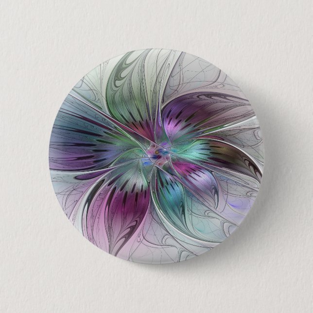 Abstrakte Blume Modernes Fraktal Kunst, Dichtung u Button (Vorderseite)