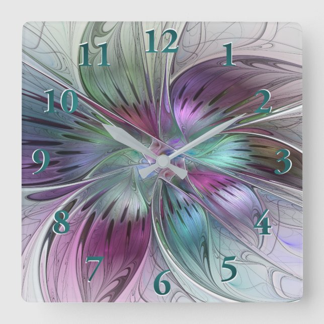Abstrakte Blume Modernes Fraktal Kunst, Dichtung u Quadratische Wanduhr (Vorderseite)