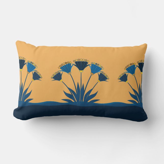 Abstrakte Blume, Senfgelb, Marineblau, Gold  Lendenkissen (Vorderseite)