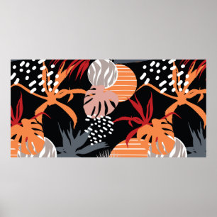 Abstrakte Blume und tropische Blätter zeichnend na Poster