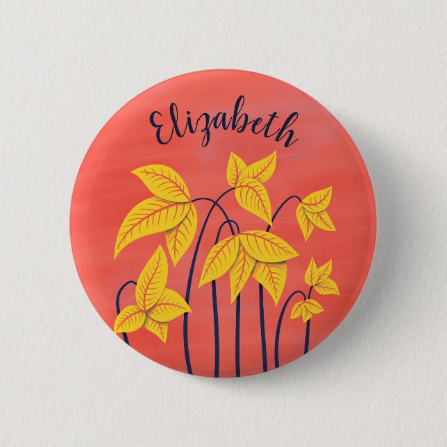 Abstrakte Blumen-korallenroter gelber Button (Vorderseite)