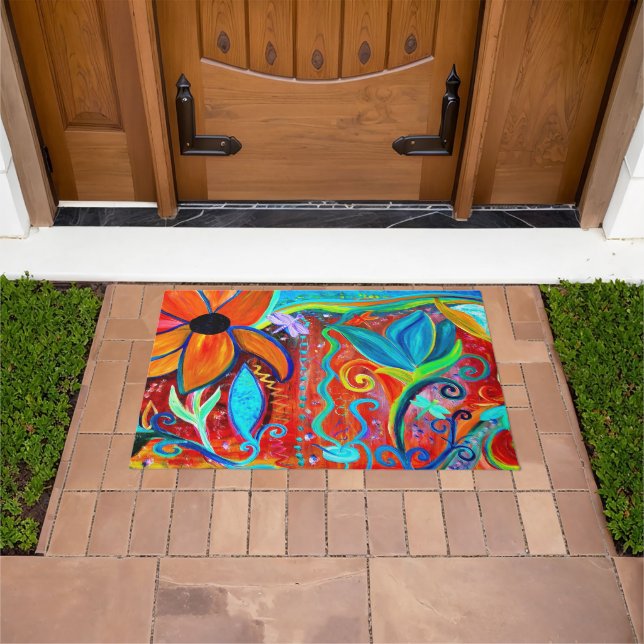 Abstrakte Blumen orange, intuitive blaue Kunst Fußmatte (Außenbereich)