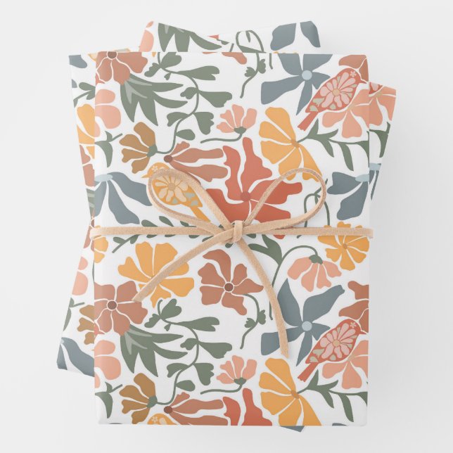 Abstrakte Blumen & Vögel Mitte Jahrhundert Moderne Geschenkpapier Set (Beispiel)