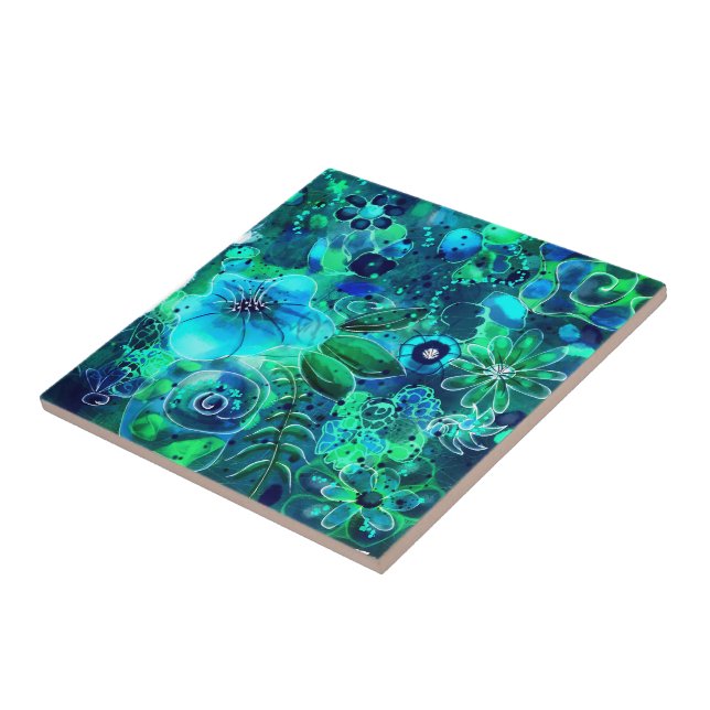 Abstrakte Blumenblauer Aquamarin-Blau-grüne Blätte Fliese (Seite)
