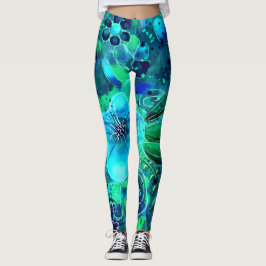 Abstrakte Blumenblauer Aquamarin-Blau-grüne Blätte Leggings
