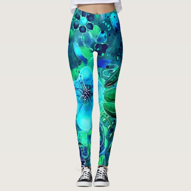 Abstrakte Blumenblauer Aquamarin-Blau-grüne Blätte Leggings (Vorderseite)