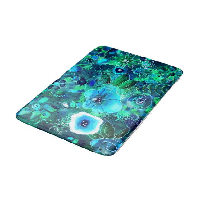 Abstrakte Blumenblauer Aquamariner Blaue Blume Blu Badematte (Schrägansicht)