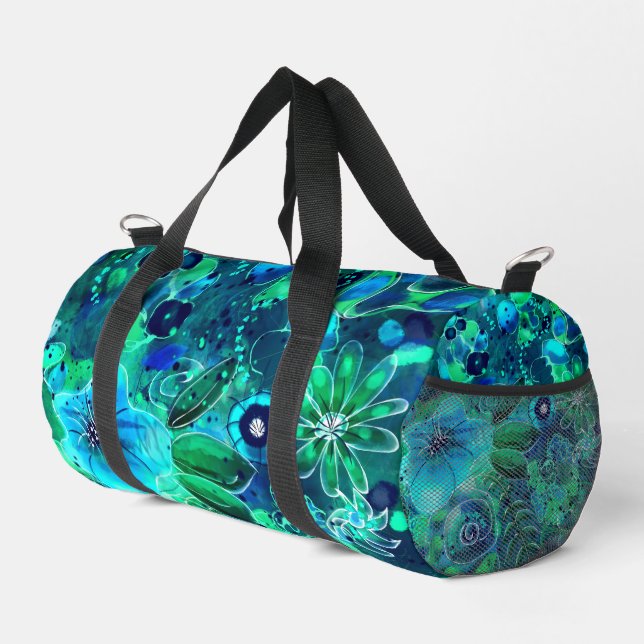 Abstrakte Blumenblauer Aquamariner Blaue Blume Blu Duffle Bag (Rechte Ecke)