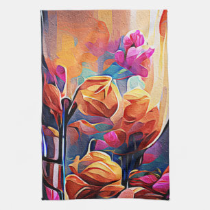 Abstrakte Blumenkunst Orange Rot Blau Blumen Geschirrtuch