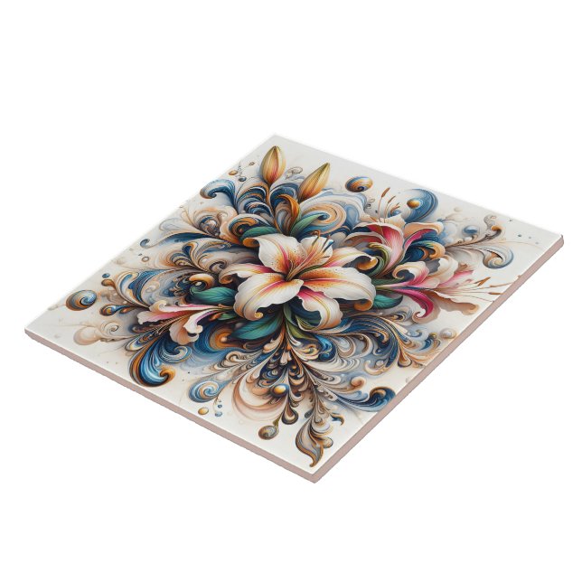 Abstrakte Blumenmuster mit Lily bei Sonnenaufgang Fliese (Seite)