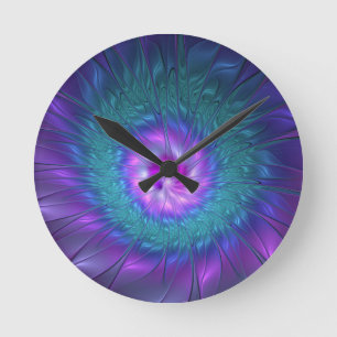 Abstrakte Blumenpracht Farbige Fraktal-Kunst-Blume Runde Wanduhr