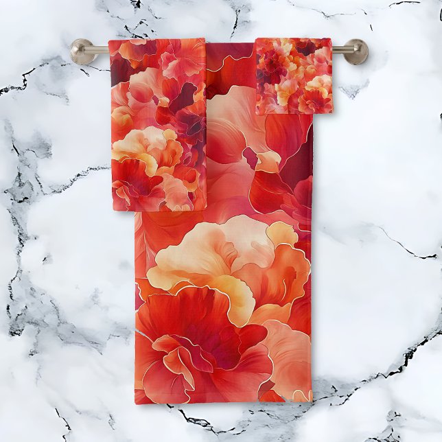 Abstrakte Blumenzündung Badhandtuch Set (Abstract Floral Ignition towel set.  Orange, coral, red, floral towels.)