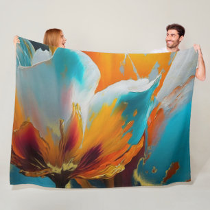Abstrakte Blüte in Orange und Teal Fleecedecke