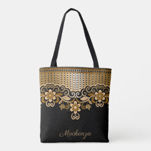 Abstrakte Blüten in Schwarz und Golden Tasche