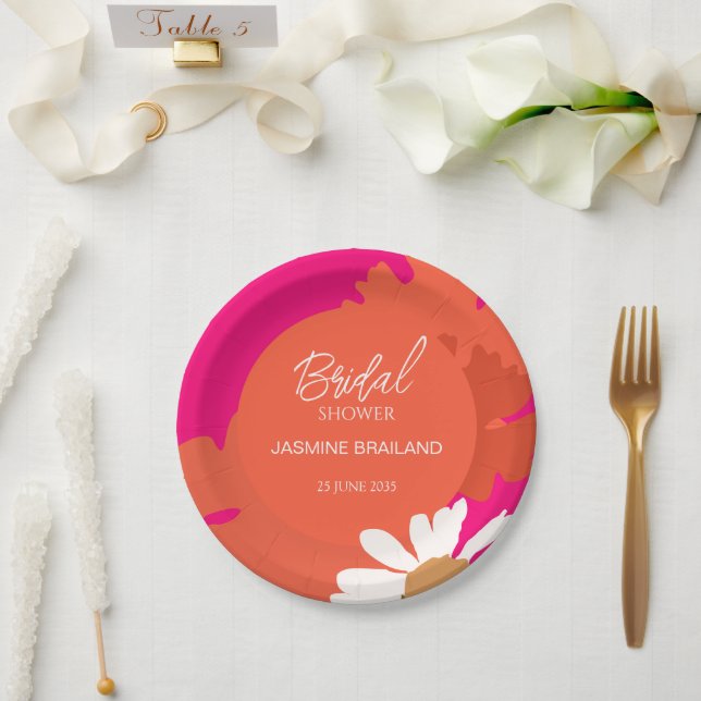 Abstrakte Blütenbrücke in Pink und Orange Daisy Pappteller (Hochzeit)