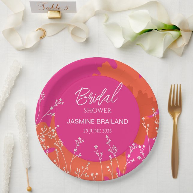 Abstrakte Blütenbrücke in Pink und Orange Daisy Pappteller (Hochzeit)