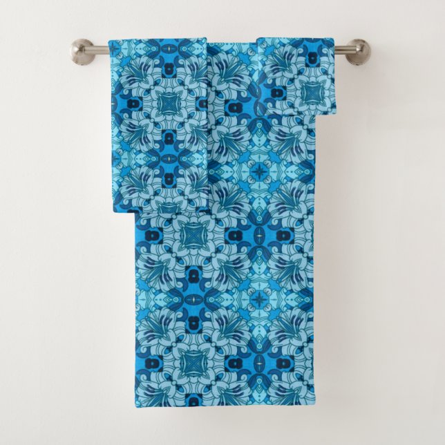 Abstrakte Blütenfarbe Blau Badhandtuch Set (Insitu)