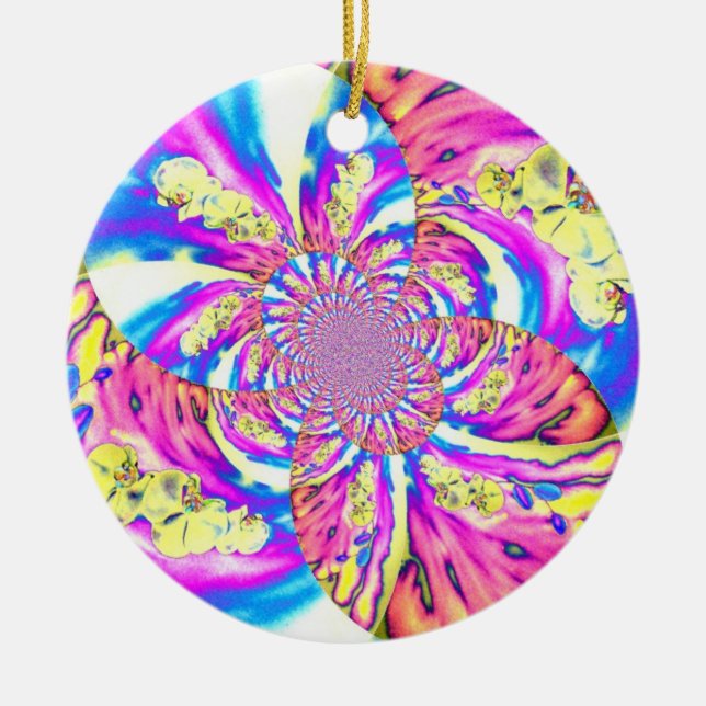 Abstrakte bohrosa orange-blaue lila Orchidee Keramik Ornament (Vorne)