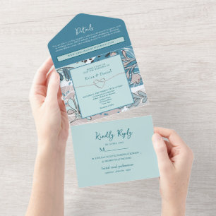 Abstrakte botanische Teal-Hochzeit All In One Einladung