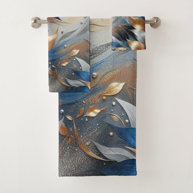 Abstrakte Bronze und blaues Leaf Print Handtuch Se Badhandtuch Set (Insitu)