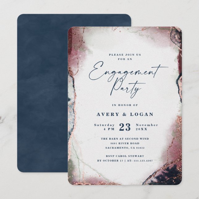 Abstrakte "Burgund & Navy Blue Engagement Party" Einladung (Vorne/Hinten)