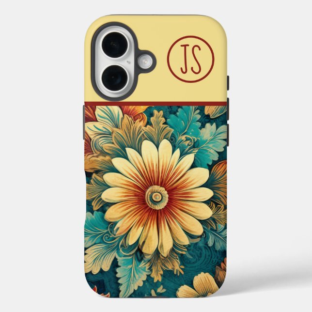 Abstrakte Daisy und Blätter Botanisches Mit Monogr iPhone 16 Hülle (Rückseite)