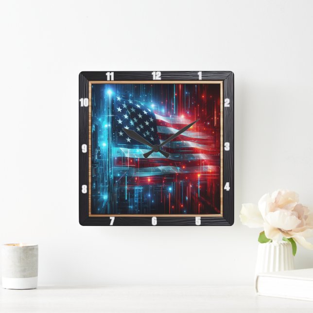 Abstrakte Digital American Flag Quadratische Wanduhr (Zuhause)