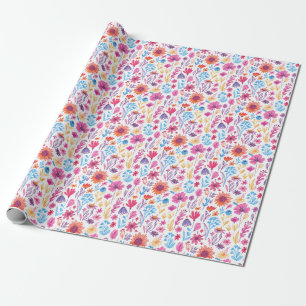 Abstrakte Doodle-Kunstblumen Rosa Blau Orange Rot Geschenkpapier