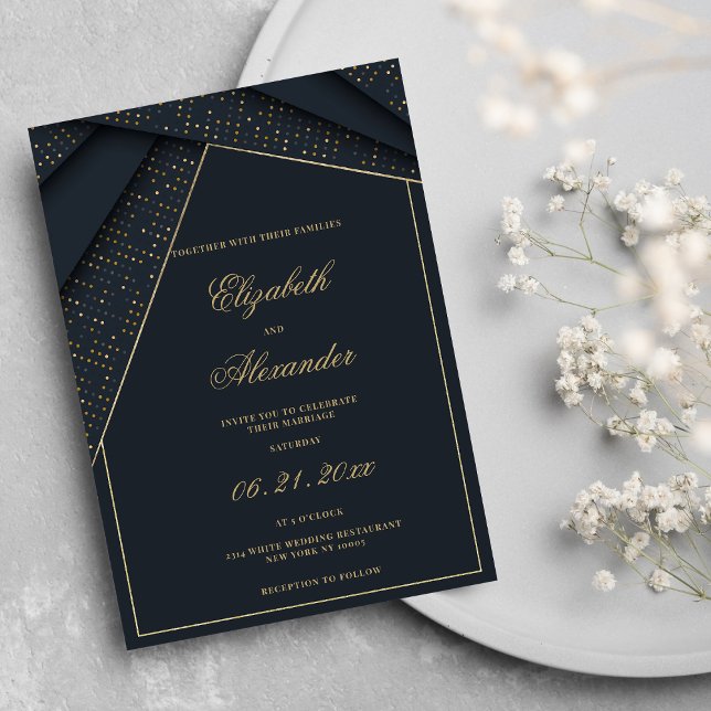 Abstrakte dunkelblaue goldene Hochzeit Einladung (Abstract dark blue elegant gold geometric wedding)