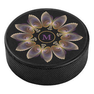 Abstrakte Engelsflügel-Mandala-Fraktal-Monogramm Eishockey Puck