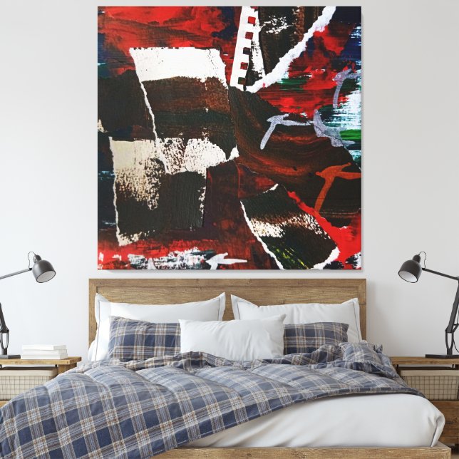 Abstrakte Erdatentöne Collage with Red Accents Art Leinwanddruck (Insitu (Schlafzimmer))