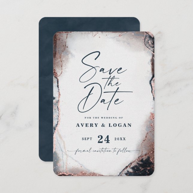 Abstrakte Ethereal Navy & Rose Save The Date (Vorne/Hinten)