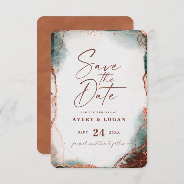 Abstrakte Ethereal Wasserfarbe Terra Cotta Wedding Save The Date (Vorne/Hinten)