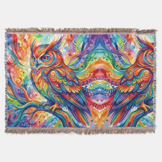 Abstrakte Eule Regenbogen Wasserfarbe Decken (Vorderseite)