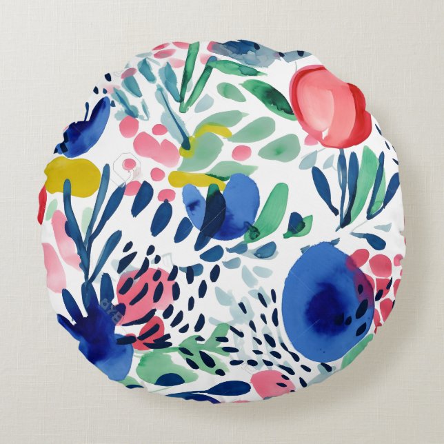 Abstrakte farbenfrohe Blume und Blätter Rundes Kissen (Vorderseite)