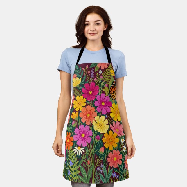 Abstrakte farbenfrohe Boho-Kosmos-Blumen-Schürze Schürze (Getragen)