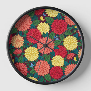 Abstrakte farbenfrohe Dahlien-Schmetterlinge-Kunst Uhr
