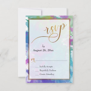Abstrakte farbenfrohe Farbspritzer Goldschrift RSVP Karte