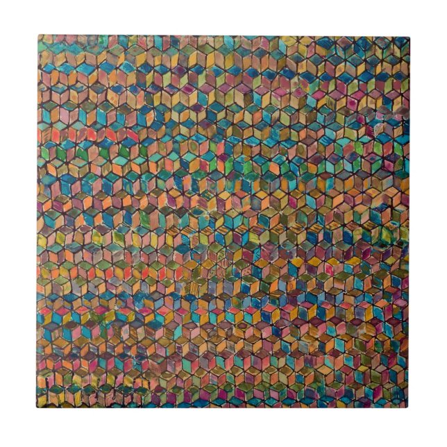 Abstrakte farbenfrohe geometrische Patchworkarbeit Fliese (Vorderseite)