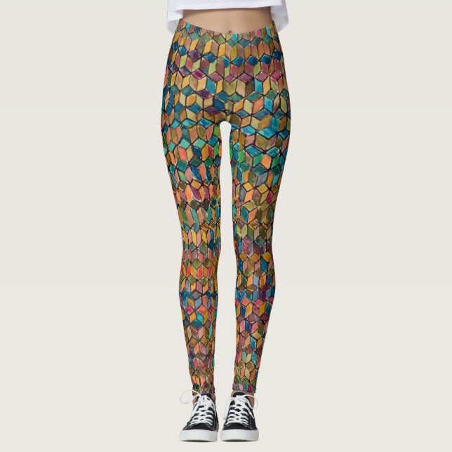 Abstrakte farbenfrohe geometrische Patchworkarbeit Leggings (Vorderseite)
