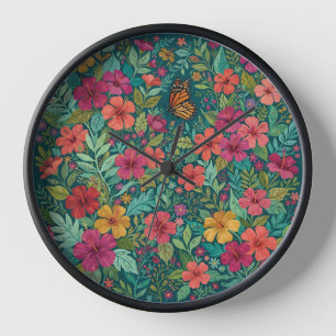 Abstrakte farbenfrohe Hibiskus-Schmetterling-Kunst Uhr