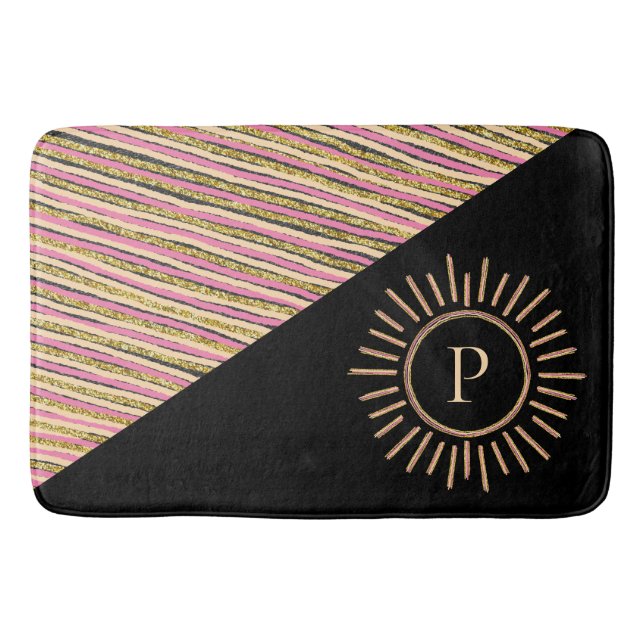 Abstrakte Farbenfrohe, moderne Monogramm-Gold Badematte (Vorderseite)