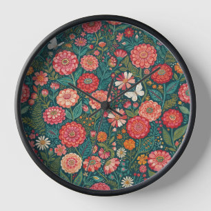 Abstrakte farbenfrohe Zinnias Schmetterlinge Kunst Uhr