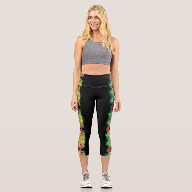 abstrakte Farbspritze Blumendesign auf schwarz Capri Leggings (Vorderseite)