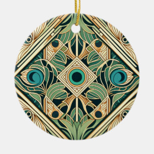 Abstrakte Federn aus Gold und Grün Keramik Ornament