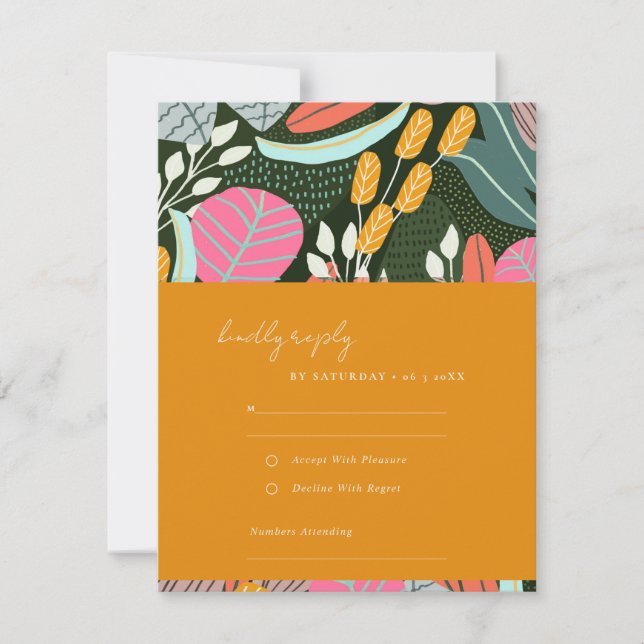 Abstrakte fette tropische Blütenhochzeit RSVP Karte (Vorderseite)