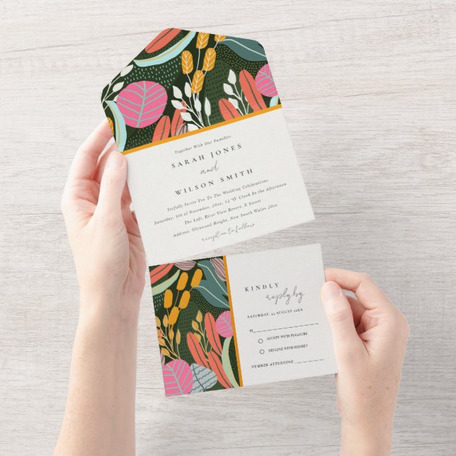Abstrakte fette tropische botanische Hochzeit All In One Einladung (Abreißen)