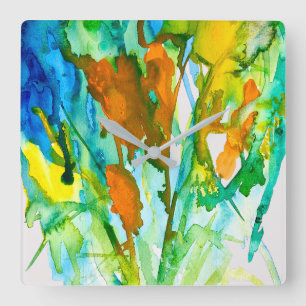 Abstrakte florale Aquarellkunst Quadratische Wanduhr