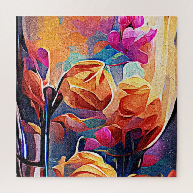 Abstrakte florale Kunst Orange Red Blue Blumen (Vertikal)