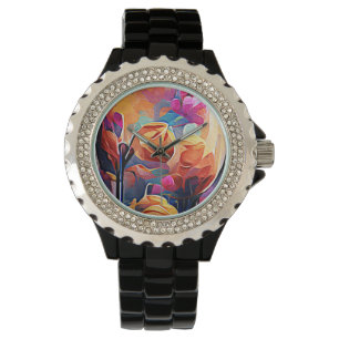 Abstrakte florale Kunst Orange Red Blue Blumen Armbanduhr